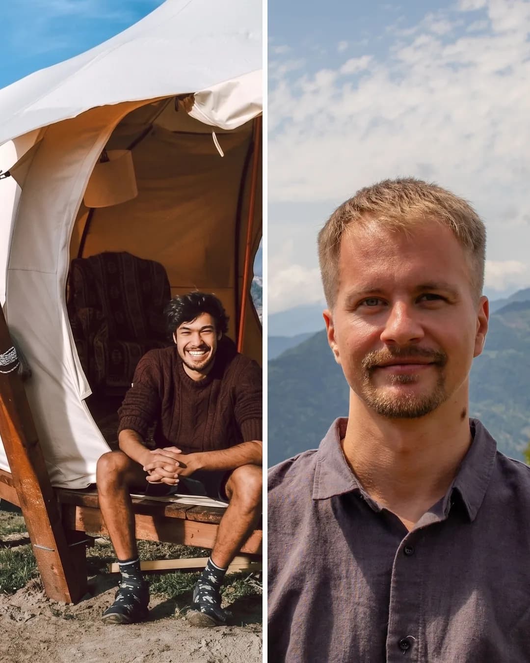 Jonas at a lotus tent and Nikita in the mountains above Glamping Tago